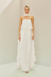 Vestido Longo em Chiffon com Decote Reto, Babados na Saia e Echarpe - Catalunha Off White
