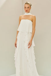 Vestido Longo em Chiffon com Decote Reto, Babados na Saia e Echarpe - Catalunha Off White