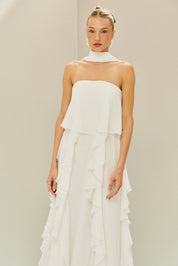 Vestido Longo em Chiffon com Decote Reto, Babados na Saia e Echarpe - Catalunha Off White