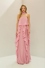 Vestido Longo em Chiffon com Decote Reto, Babados na Saia e Echarpe - Catalunha Rosa Claro