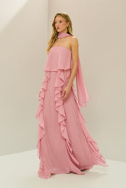 Vestido Longo em Chiffon com Decote Reto, Babados na Saia e Echarpe - Catalunha Rosa Claro