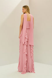 Vestido Longo em Chiffon com Decote Reto, Babados na Saia e Echarpe - Catalunha Rosa Claro
