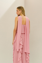 Vestido Longo em Chiffon com Decote Reto, Babados na Saia e Echarpe - Catalunha Rosa Claro