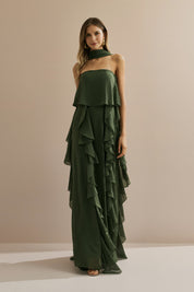 Vestido Longo em Chiffon com Decote Reto, Babados na Saia e Echarpe - Catalunha Verde Oliva