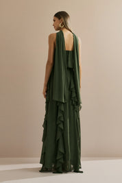 Vestido Longo em Chiffon com Decote Reto, Babados na Saia e Echarpe - Catalunha Verde Oliva