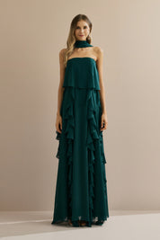 Vestido Longo em Chiffon com Decote Reto, Babados na Saia e Echarpe - Catalunha Verde Petróleo