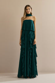 Vestido Longo em Chiffon com Decote Reto, Babados na Saia e Echarpe - Catalunha Verde Petróleo
