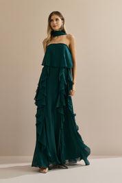Vestido Longo em Chiffon com Decote Reto, Babados na Saia e Echarpe - Catalunha Verde Petróleo