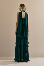 Vestido Longo em Chiffon com Decote Reto, Babados na Saia e Echarpe - Catalunha Verde Petróleo