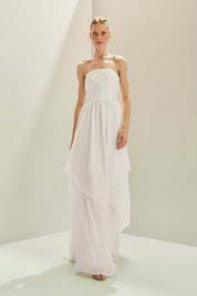 Vestido Longo em Chiffon com Decote Reto com Alças Removíveis, Busto Drapeado e Saia com Babados Assimétricos - Noruega Off White