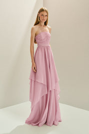 Vestido Longo em Chiffon com Decote Reto com Alças Removíveis, Busto Drapeado e Saia com Babados Assimétricos- Noruega Rosa