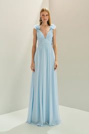 Vestido Longo em Chiffon com Decote V, Alças com Babados em Camadas, Costas Abertas com Amarração e Saia Fluida - Lara Azul Serenity