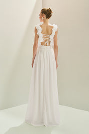 Vestido Longo em Chiffon com Decote V, Alças com Babados em Camadas, Costas Abertas com Amarração e Saia Fluida - Lara Off White