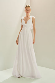 Vestido Longo em Chiffon com Decote V, Alças com Babados em Camadas, Costas Abertas com Amarração e Saia Fluida - Lara Off White