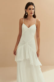 Vestido Longo em Chiffon com Decote V e Saia com Babados Assimétricos - Bangkok Off White