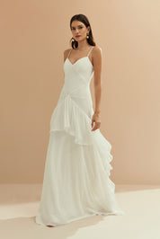 Vestido Longo em Chiffon com Decote V e Saia com Babados Assimétricos - Bangkok Off White