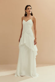 Vestido Longo em Chiffon com Decote V e Saia com Babados Assimétricos - Bangkok Off White