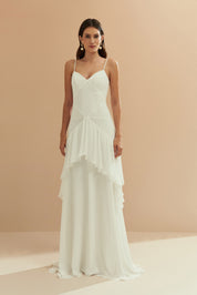 Vestido Longo em Chiffon com Decote V e Saia com Babados Assimétricos - Bangkok Off White