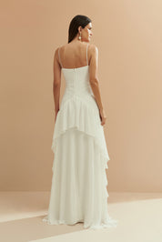 Vestido Longo em Chiffon com Decote V e Saia com Babados Assimétricos - Bangkok Off White