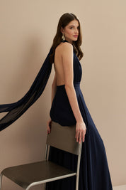 Vestido Longo em Chiffon com Decote V e Fenda Lateral - Mil Formas Azul Marinho