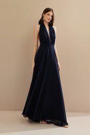 Vestido Longo em Chiffon com Decote V e Fenda Lateral - Mil Formas Azul Marinho