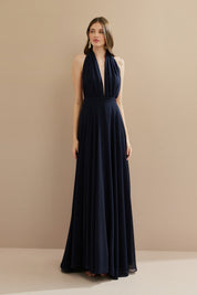 Vestido Longo em Chiffon com Decote V e Fenda Lateral - Mil Formas Azul Marinho