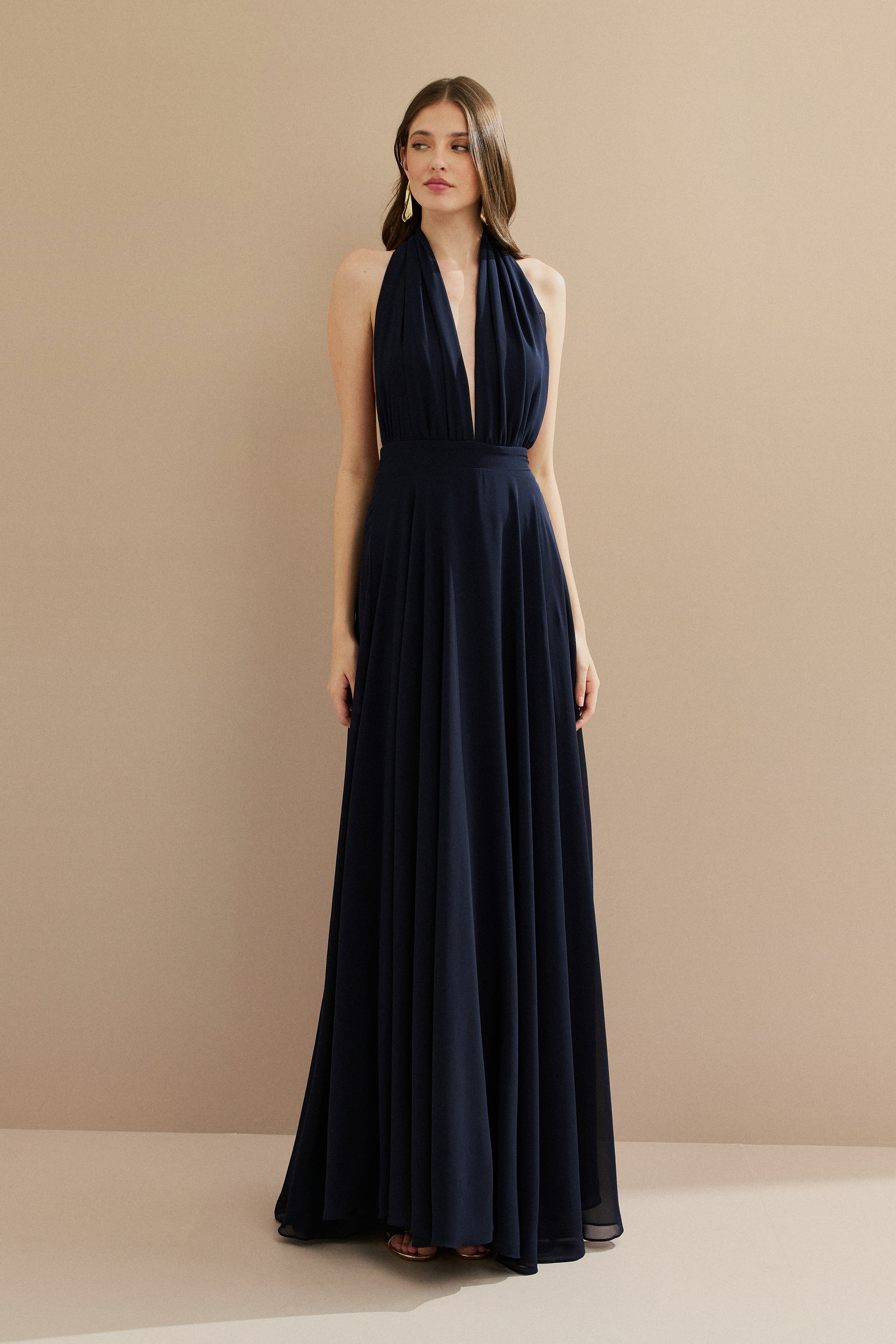 Vestido Longo em Chiffon com Decote V e Fenda Lateral - Mil Formas Azul Marinho