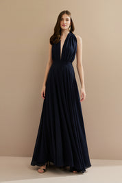 Vestido Longo em Chiffon com Decote V e Fenda Lateral - Mil Formas Azul Marinho