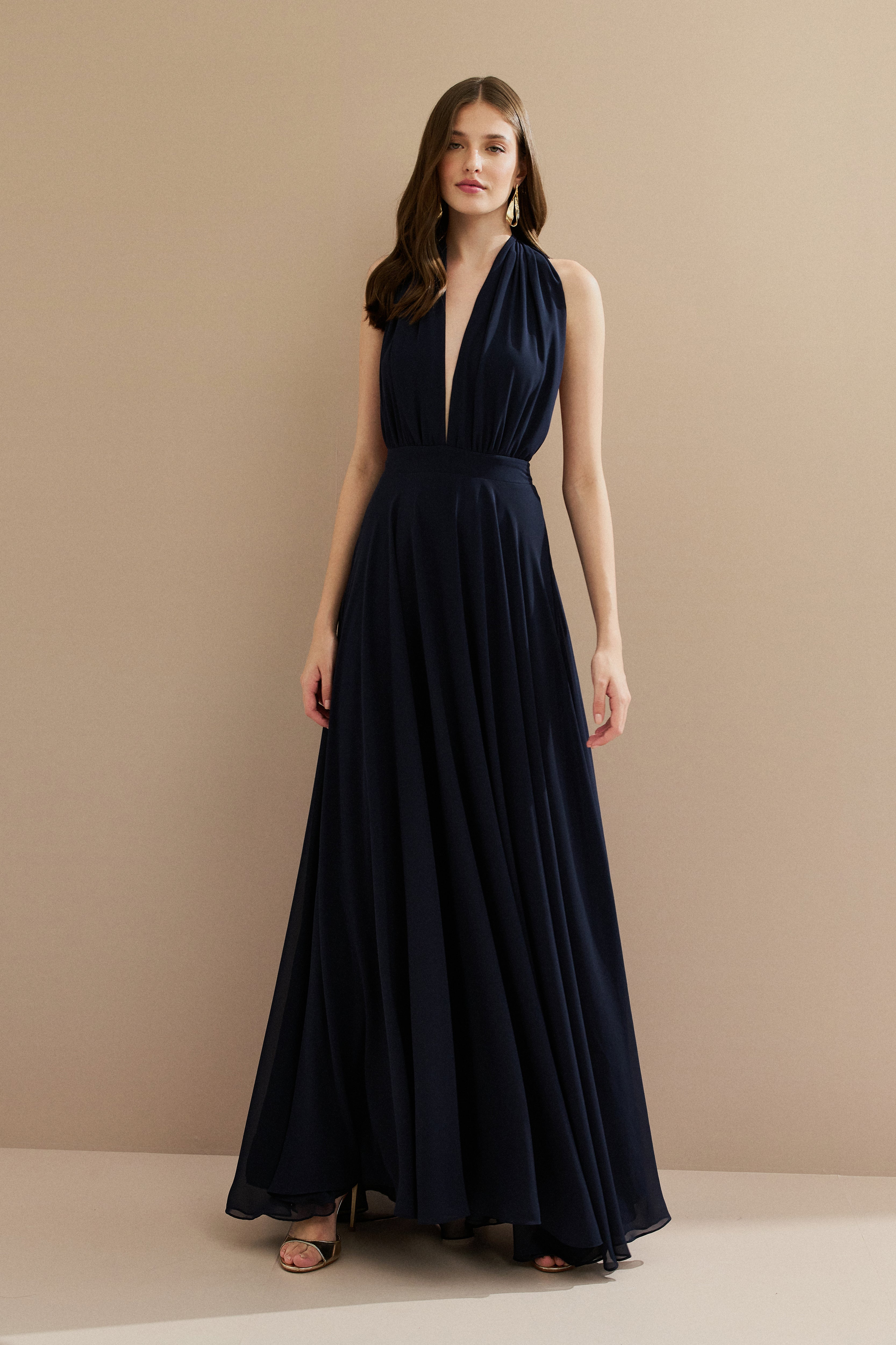 Vestido Longo em Chiffon com Decote V e Fenda Lateral - Mil Formas Azul Marinho