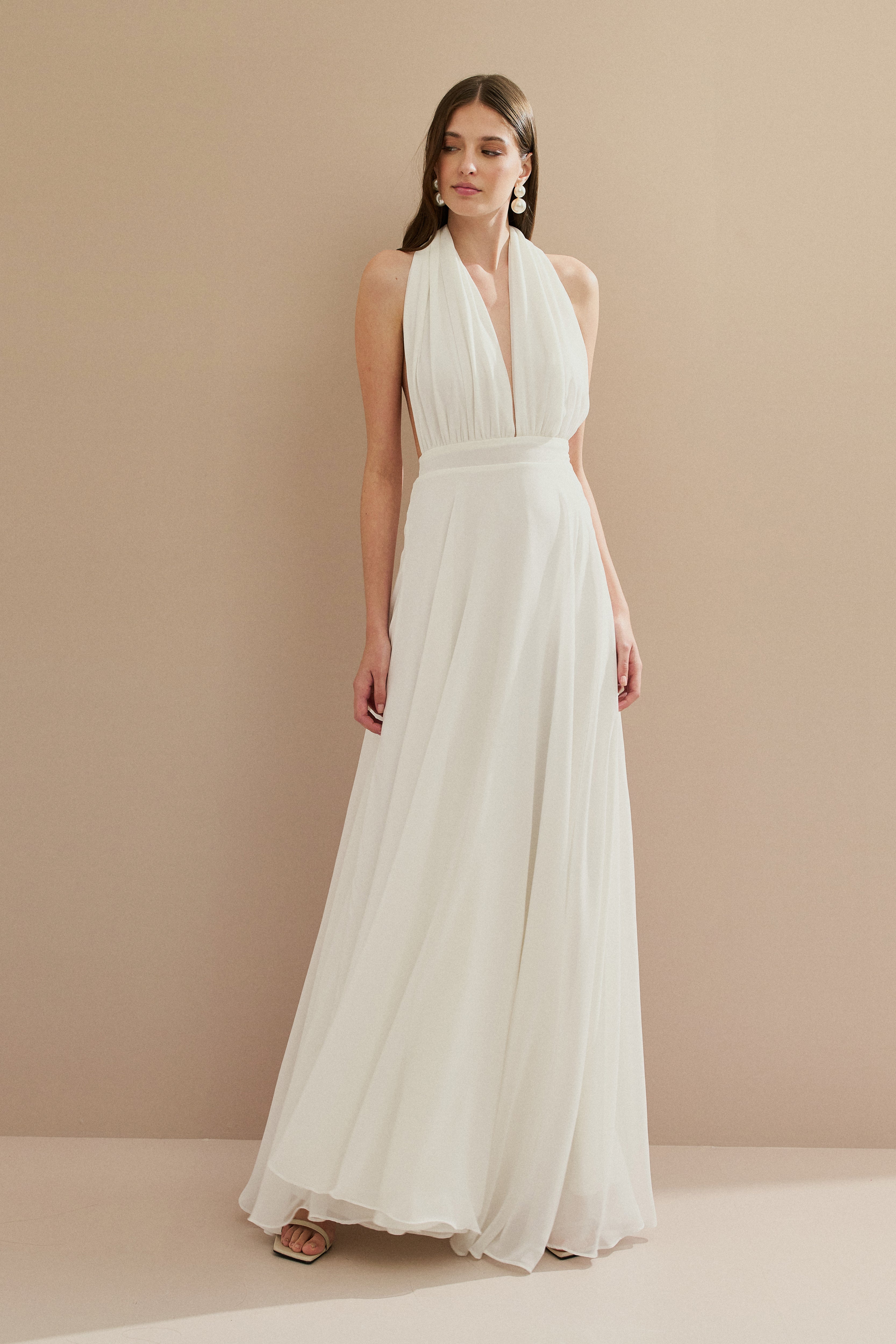 Vestido Longo com Decote V e Fenda Lateral - Mil Formas Off White