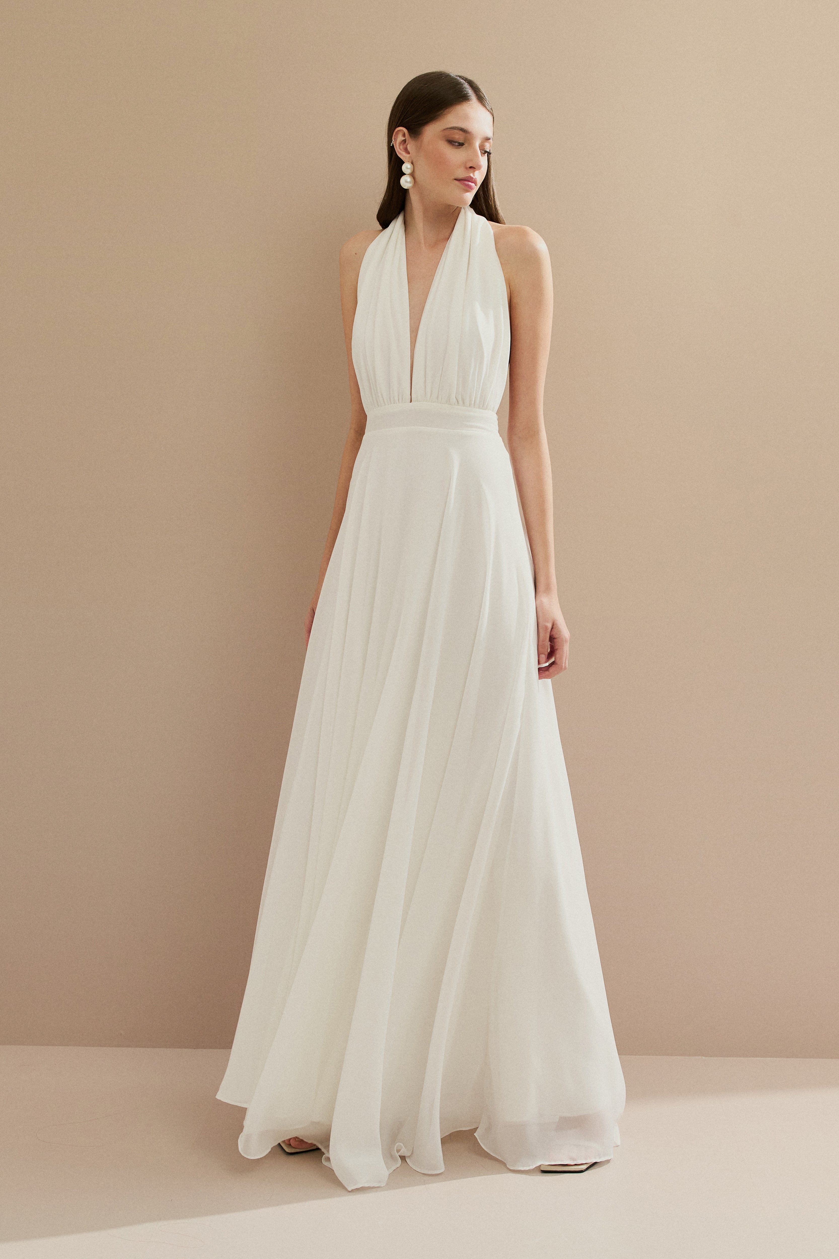 Vestido Longo com Decote V e Fenda Lateral - Mil Formas Off White