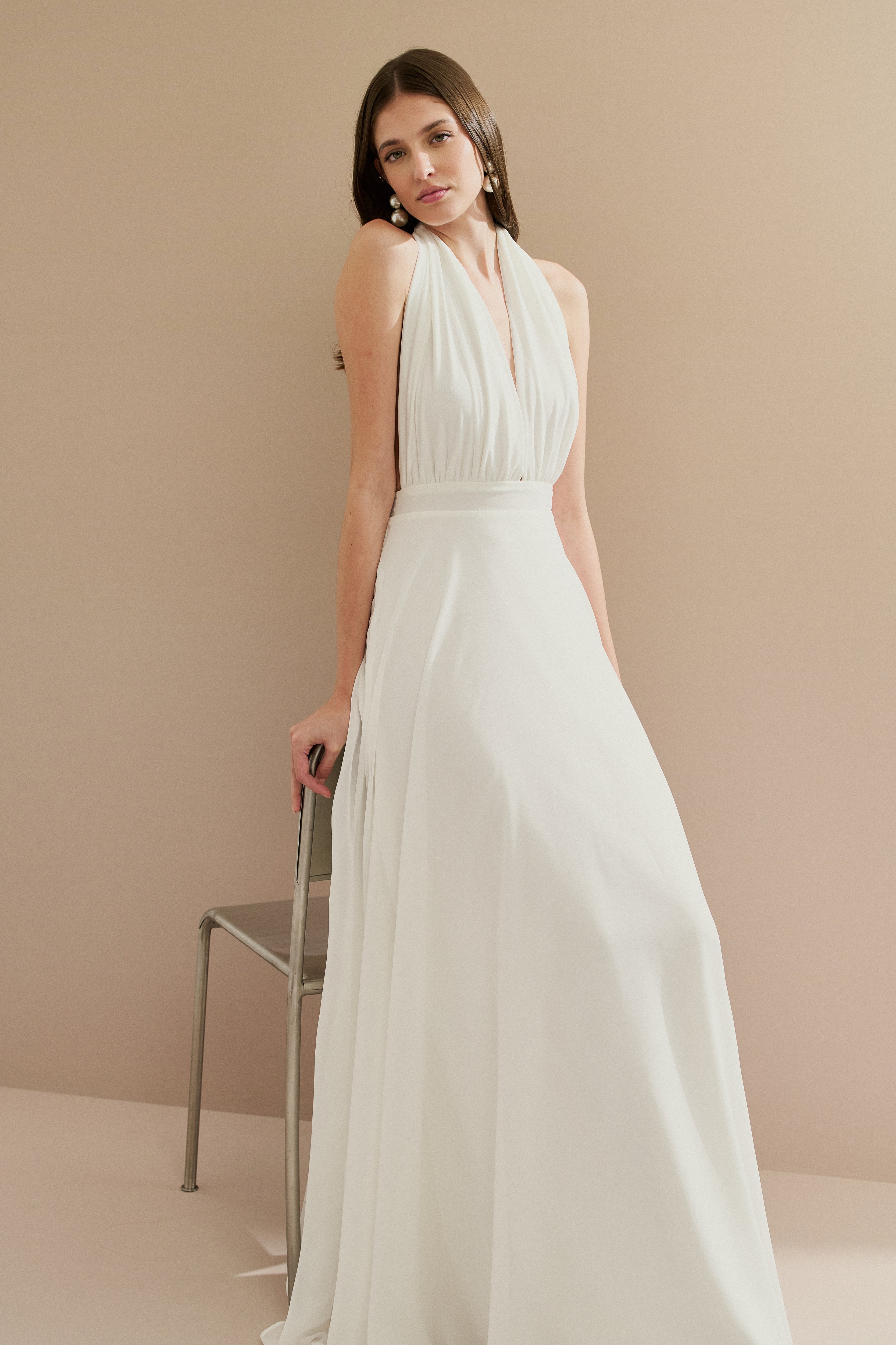 Vestido Longo com Decote V e Fenda Lateral - Mil Formas Off White