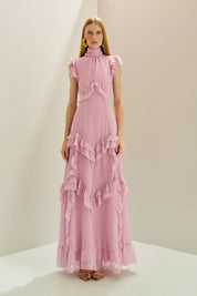 Vestido Longo em Chiffon com Gola Alta e Recortes com Babados Assimétricos - Monte Sinai Rosa Claro