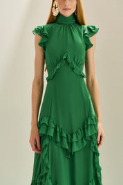 Vestido Longo em Chiffon com Gola Alta e Recortes com Babados Assimétricos - Monte Sinai Verde Bandeira