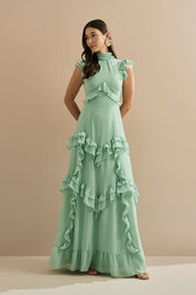 Vestido Longo em Chiffon com Gola Alta e Recortes com Babados Assimétricos - Monte Sinai Verde Menta