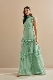 Vestido Longo em Chiffon com Gola Alta e Recortes com Babados Assimétricos - Monte Sinai Verde Menta