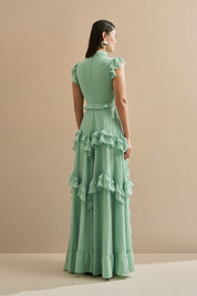 Vestido Longo em Chiffon com Gola Alta e Recortes com Babados Assimétricos - Monte Sinai Verde Menta
