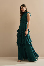 Vestido Longo em Chiffon com Gola Alta e Recortes com Babados Assimétricos - Monte Sinai Verde Petróleo