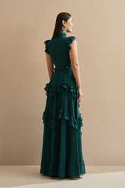 Vestido Longo em Chiffon com Gola Alta e Recortes com Babados Assimétricos - Monte Sinai Verde Petróleo