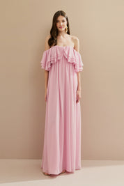 Vestido Longo em Chiffon com Mangas Ombro a Ombro e Babados - Himalaia Rosa Claro