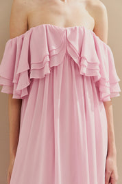 Vestido Longo em Chiffon com Mangas Ombro a Ombro e Babados - Himalaia Rosa Claro