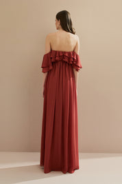Vestido Longo em Chiffon com Mangas Ombro a Ombro e Babados - Himalaia Terracota