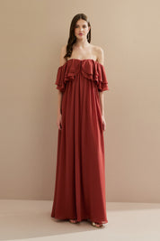 Vestido Longo em Chiffon com Mangas Ombro a Ombro e Babados - Himalaia Terracota