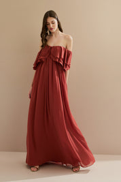 Vestido Longo em Chiffon com Mangas Ombro a Ombro e Babados - Himalaia Terracota