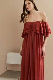 Vestido Longo em Chiffon com Mangas Ombro a Ombro e Babados - Himalaia Terracota