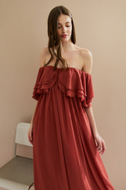 Vestido Longo em Chiffon com Mangas Ombro a Ombro e Babados - Himalaia Terracota