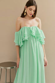 Vestido Longo em Chiffon com Mangas Ombro a Ombro e Babados - Himalaia Tiffany