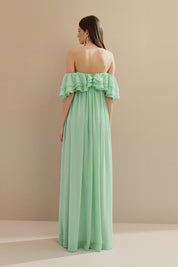 Vestido Longo em Chiffon com Mangas Ombro a Ombro e Babados - Himalaia Tiffany