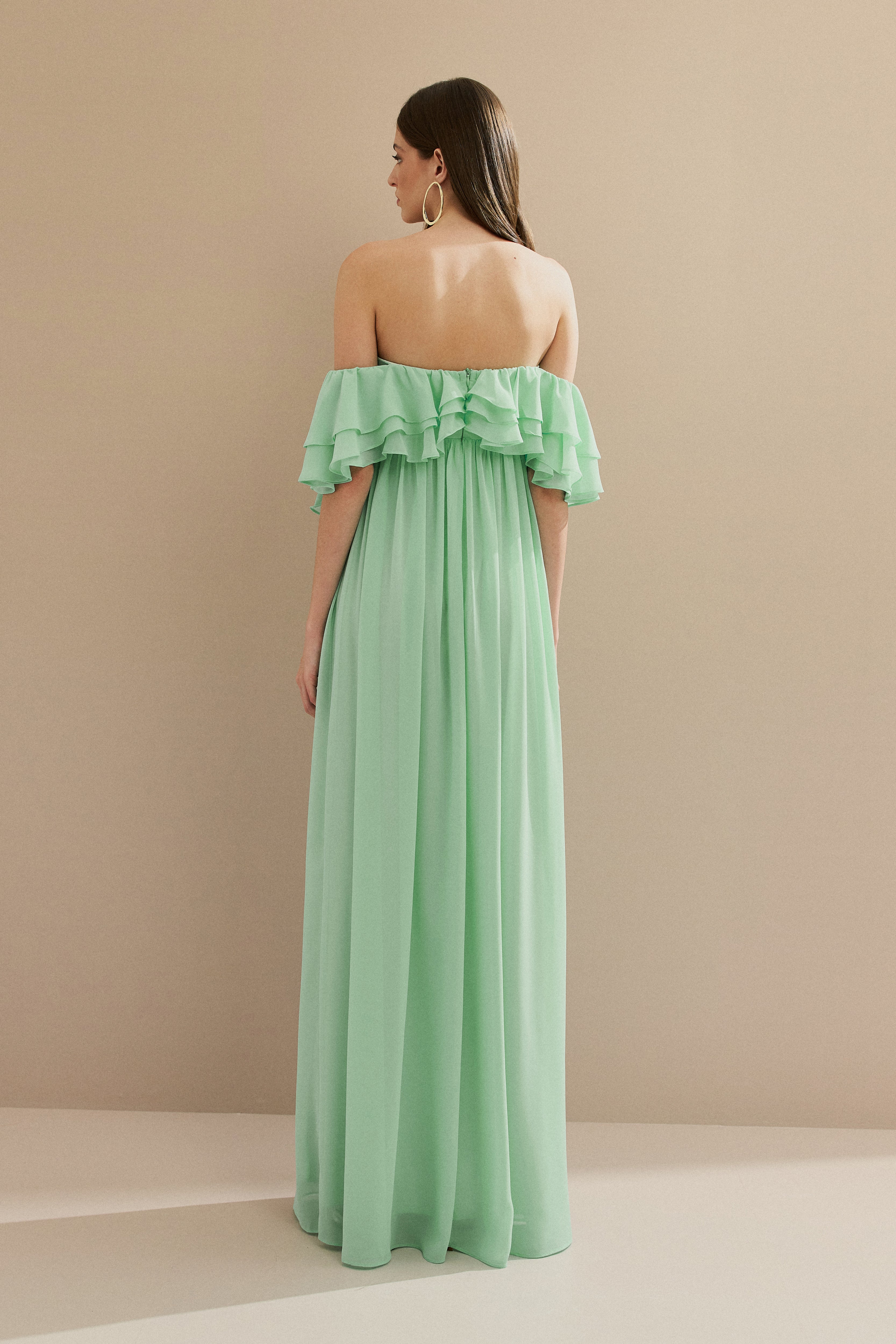 Vestido Longo em Chiffon com Mangas Ombro a Ombro e Babados - Himalaia Tiffany