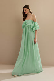 Vestido Longo em Chiffon com Mangas Ombro a Ombro e Babados - Himalaia Tiffany